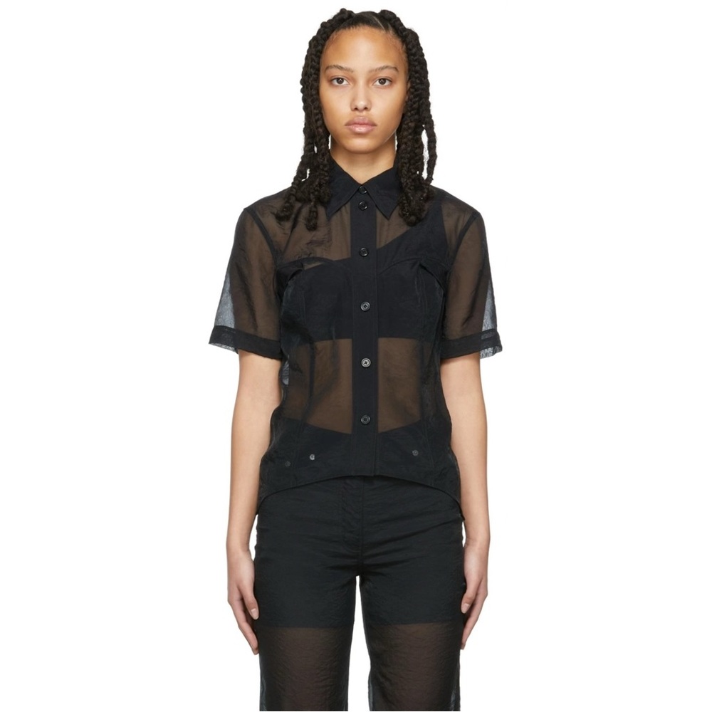 Helmut Lang Black Sheer Shirt - Black Button Up Organza Short Sleeve Shirt Top - Picture 11 of 13